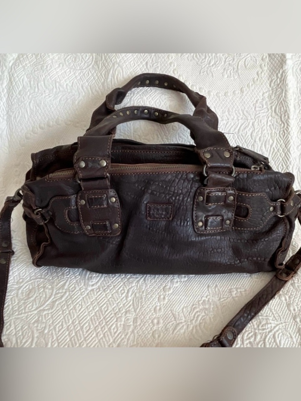 ABACO PARIS pebbled leather satchel crossbody bag cargo utility Y2K era